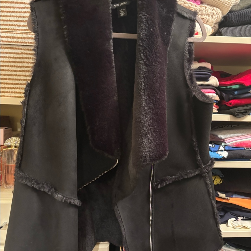 White House Black Market Black Faux Fur Trim Vest